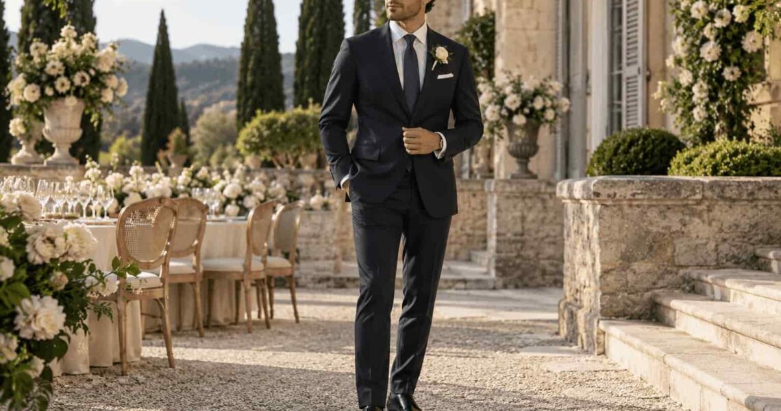 Homme élégant en costume bleu marine ajusté pour un mariage en plein air, incarnant le style quiet luxury dans un jardin italien.
