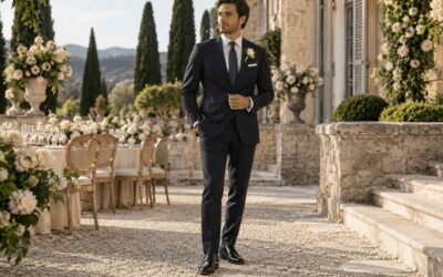 Homme élégant en costume bleu marine ajusté pour un mariage en plein air, incarnant le style quiet luxury dans un jardin italien.
