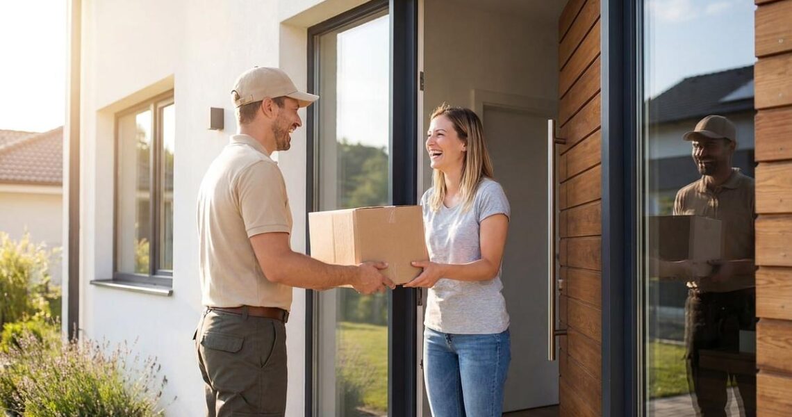 Un homme livre un paquet à une femme souriante devant la porte d'une maison