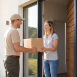 Un homme livre un paquet à une femme souriante devant la porte d'une maison