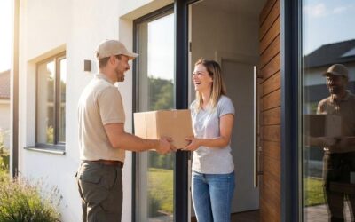 Un homme livre un paquet à une femme souriante devant la porte d'une maison